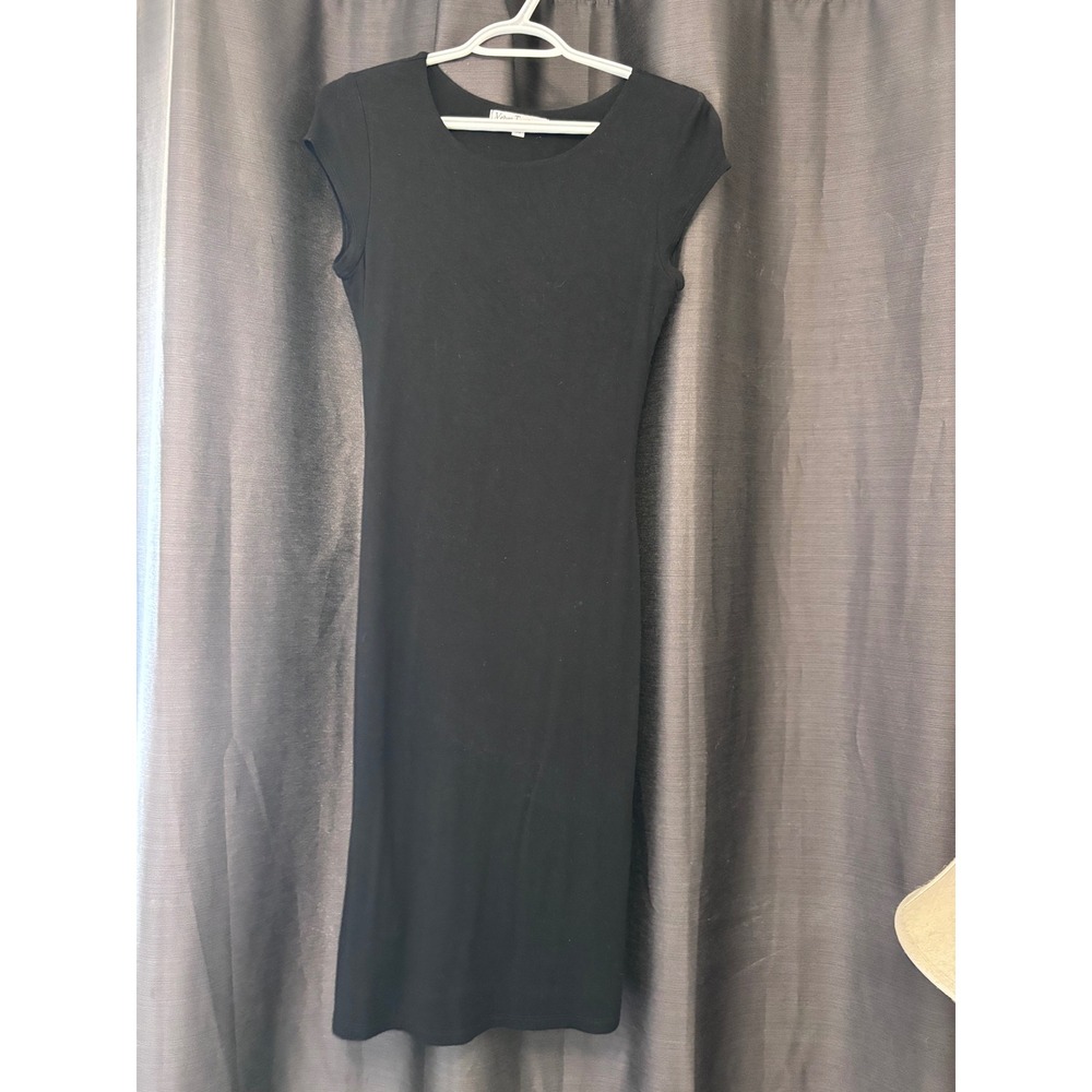 Velvet Torch midi dress women M black minimalist cap sleeve bodycon scoop neck